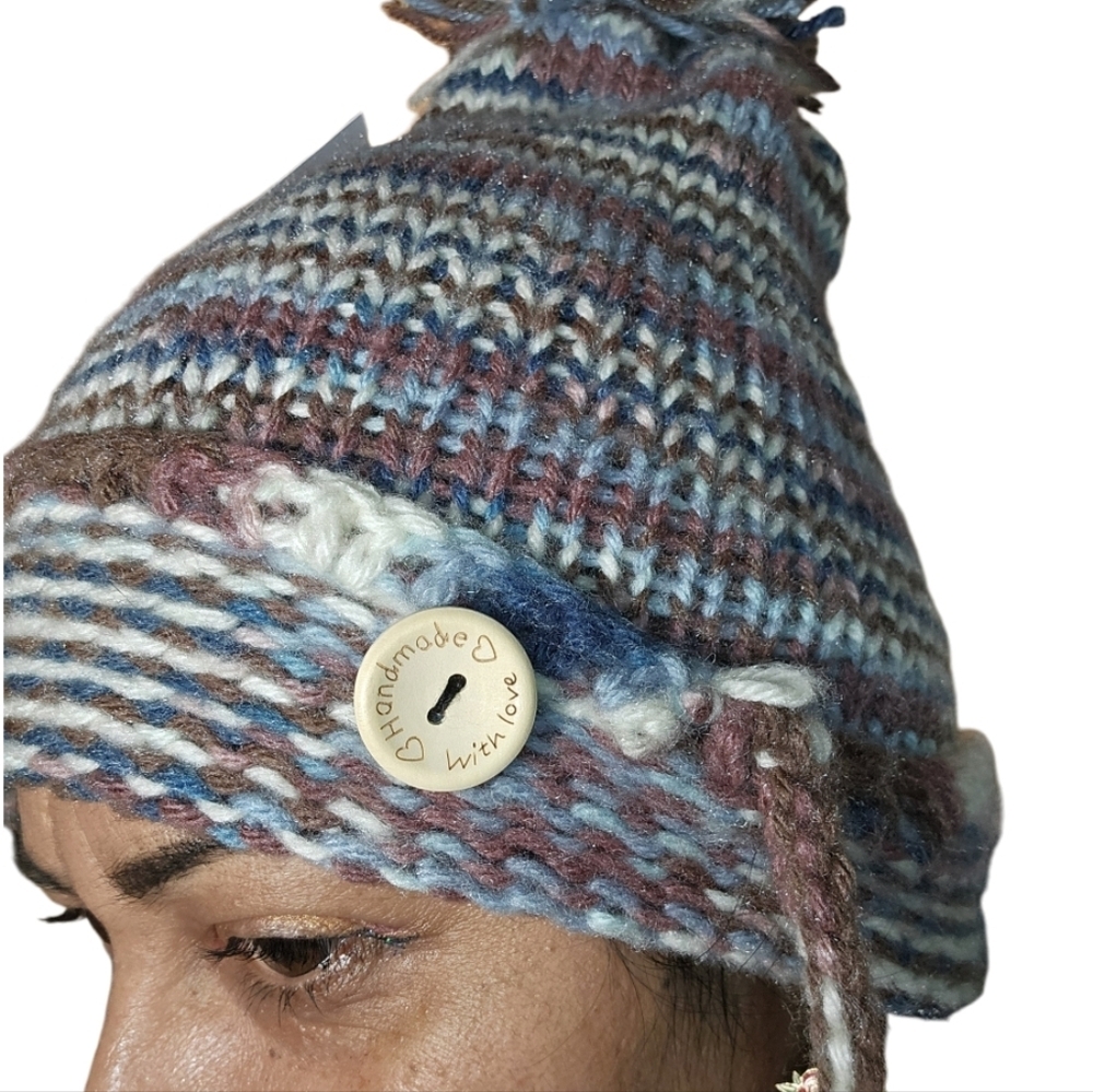 Hand Crafted Winter Hat Handmade knitted pom pom beanie multicolored crochet cap - Picture 8 of 17